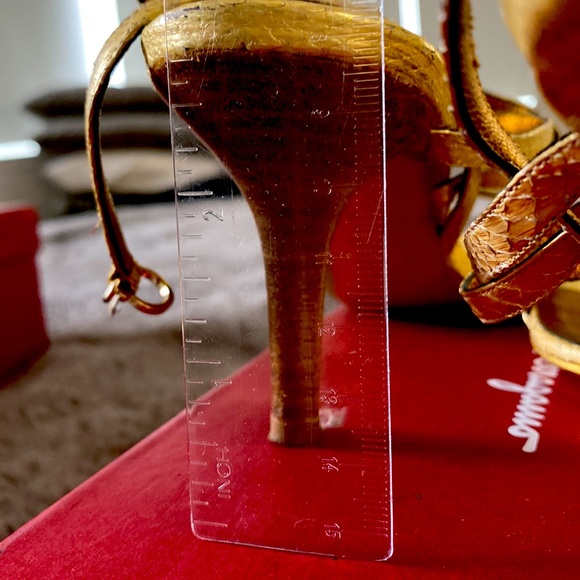 Salvatore Ferragamo gold reptile “Samba” strapped heals. Approx 3” high - Picture 5 of 5
